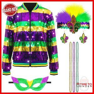 Sequin Jacket Set with Mask Headband Earrings Necklaces Mardi Gras Party